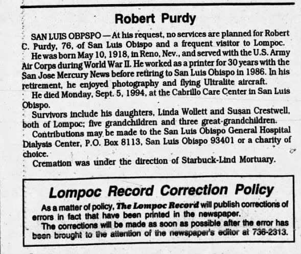 Obituary for Robert C Purdy, 1918-1994 (Aged 76)